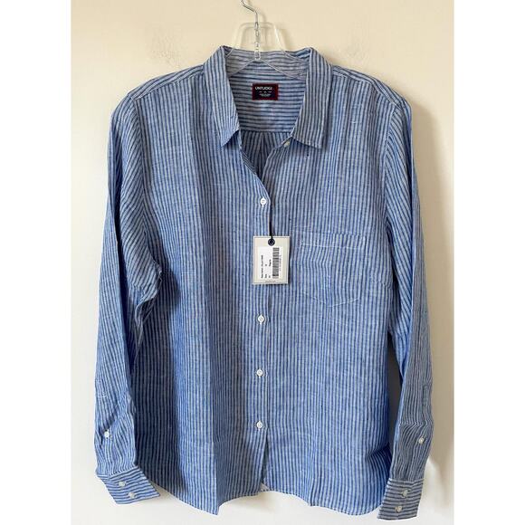 UNTUCKit Tops - UNTUCKit Linen Striped Long Sleeve Blouse Shirt Blue White Size 16 NEW